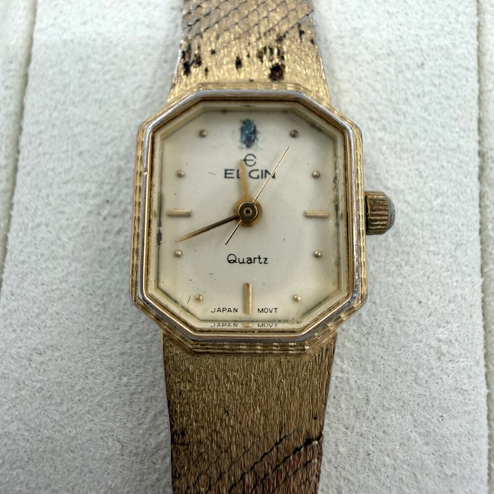 Vintage Elgin Quartz Gold Tone Mesh Band Watch Octagon Case 15.3mm Works - Picture 3 of 6